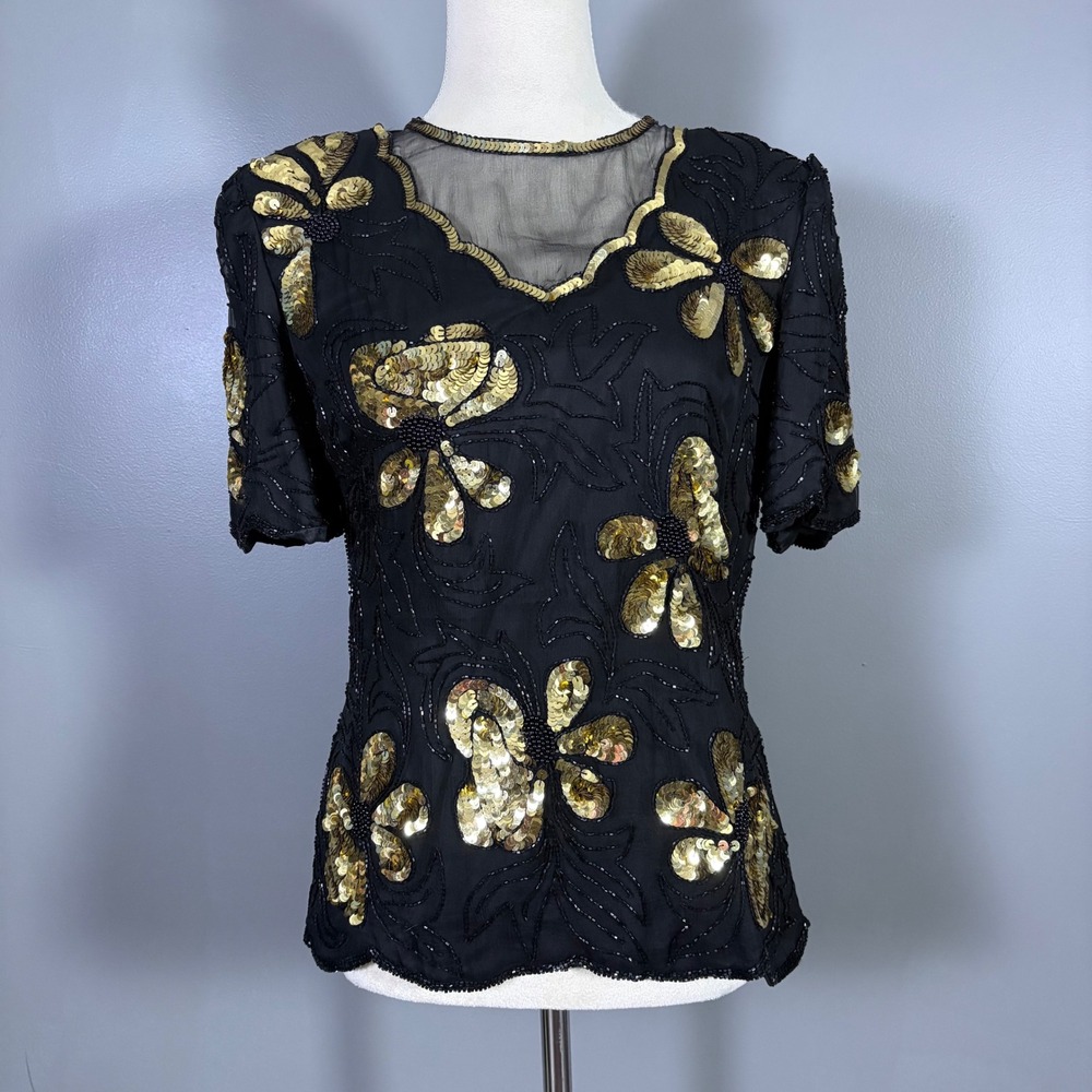 NWT Vintage Stenay Silk Beaded Sequin Floral Top S Formal Maximalist Party Glam‎
